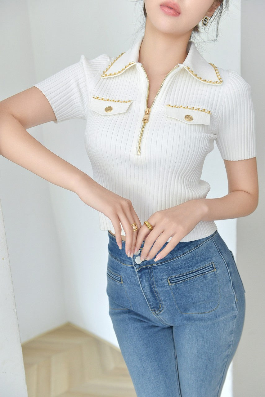 High-end version of Paris fashion black zip-up lapel gold buckle chain short sleeve T-shirt femininity knitwear top trend