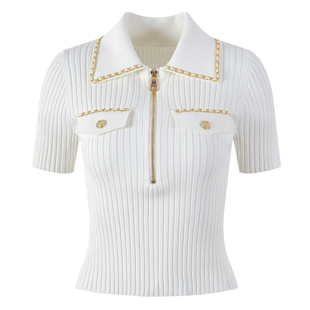 High-end version of Paris fashion black zip-up lapel gold buckle chain short sleeve T-shirt femininity knitwear top trend