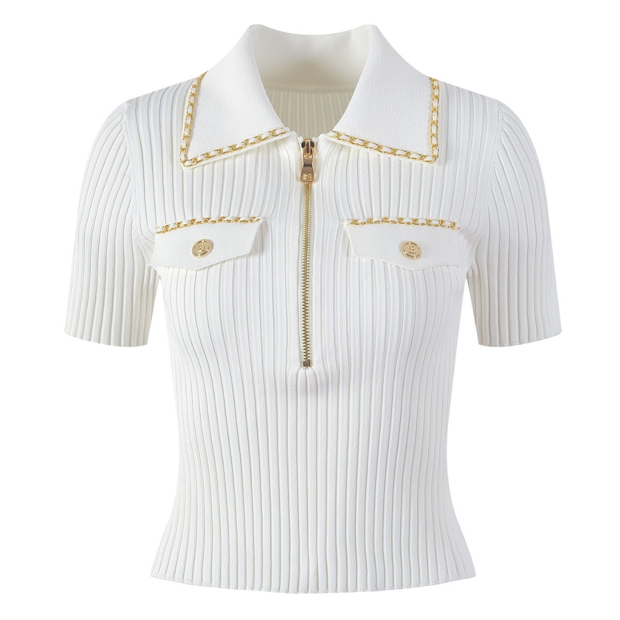 High-end version of Paris fashion black zip-up lapel gold buckle chain short sleeve T-shirt femininity knitwear top trend