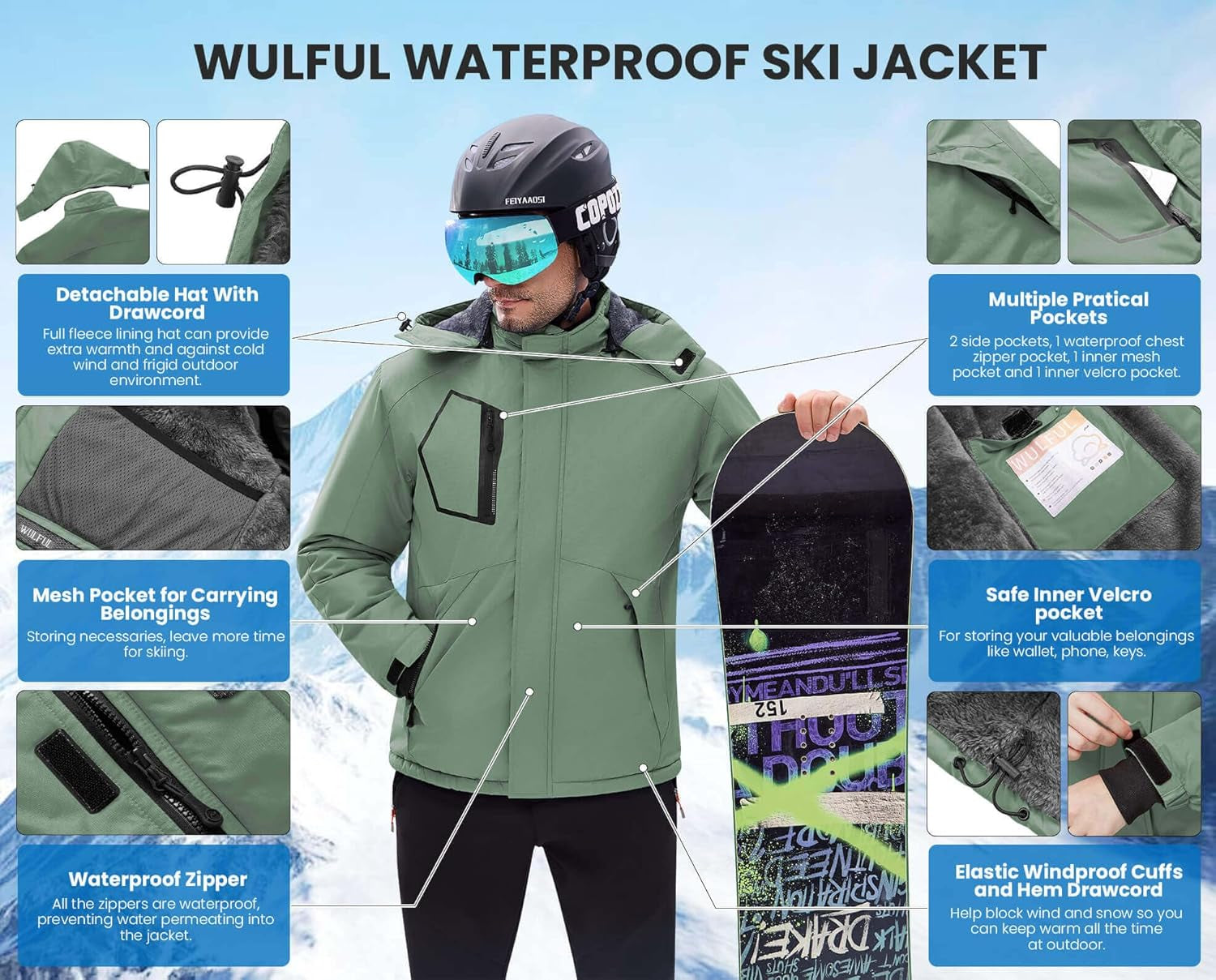 Men's Waterproof Ski Jacket - Insulated Windproof Winter Coat with Fleece Lining and Hood