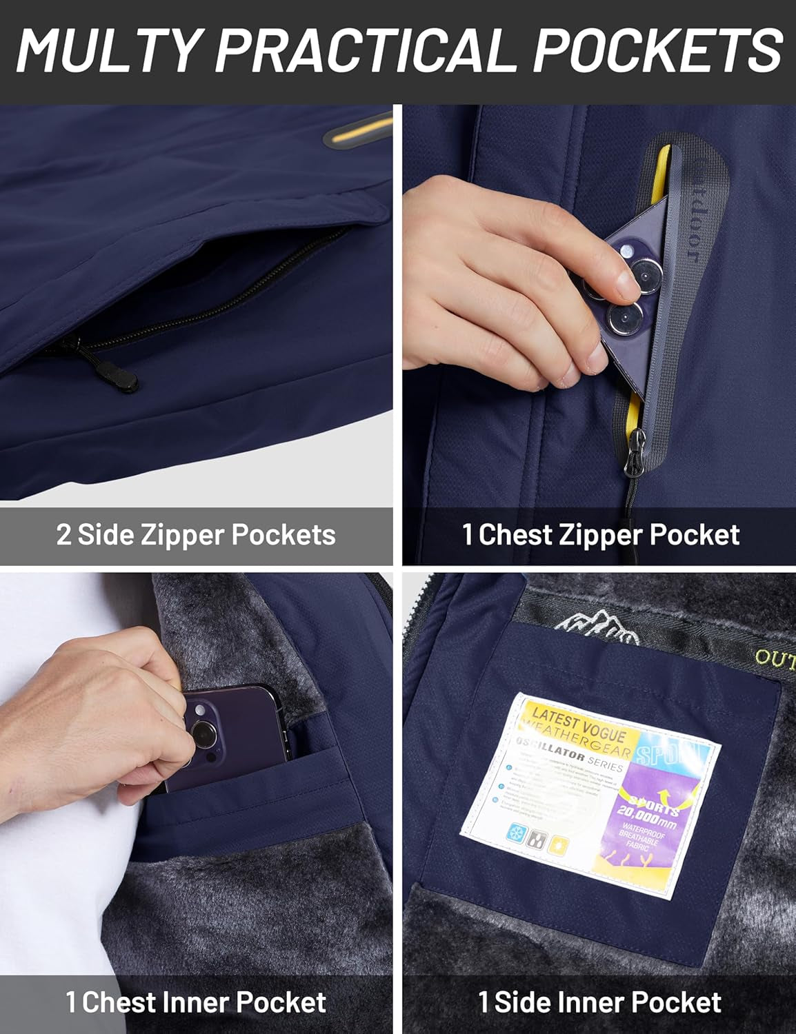 Men's Waterproof Winter Jacket Featuring Fleece Lining, Hood, and Multiple Pockets for Skiing and Snowboarding