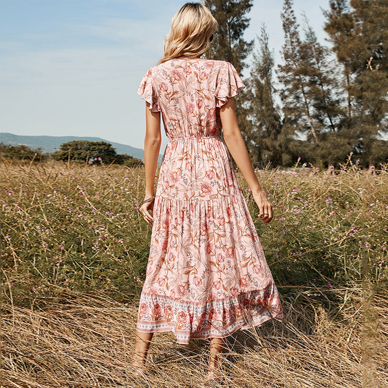 2022 Europe and the United States spring and summer new Lotus leaf short-sleeve V-neck strap pink printed mid-length women's dress wholesale
