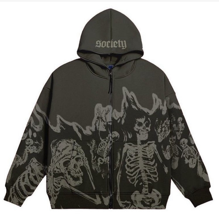 Amazon wish European and American couples street wear retro skull print Goth style zipper cardigan hoodie