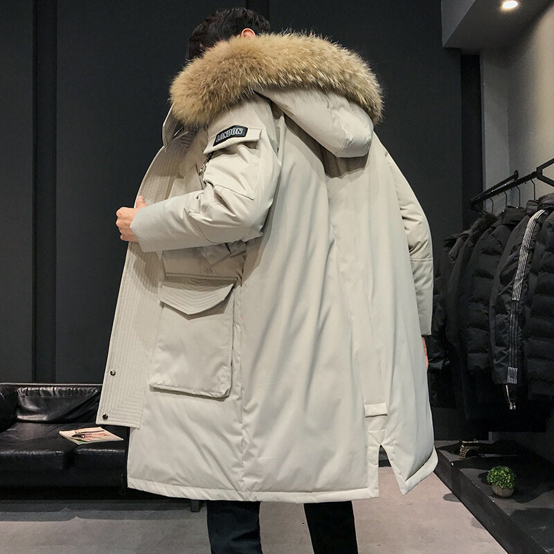 2021 new winter down jacket men's long fashion brand overalls hooded coat men's casual white eiderdown down jacket