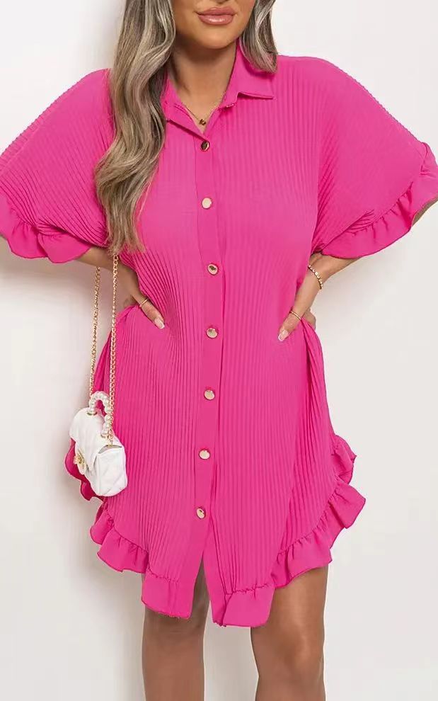 2023 new European style summer solid color shirt dress ruffled sleeves irregular shirt dress