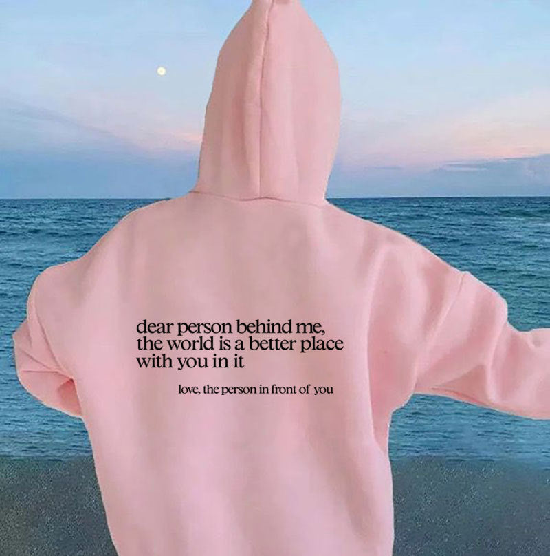 Foreign trade women's cashmere hoodie plain color letter slogan printed kangaroo pocket drawstring printed hoodie