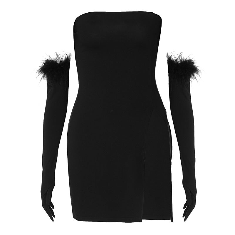 Small evening dress temperament elegant women's slim-fit slit dress with furry sleeves to cover the chest and buttock skirt