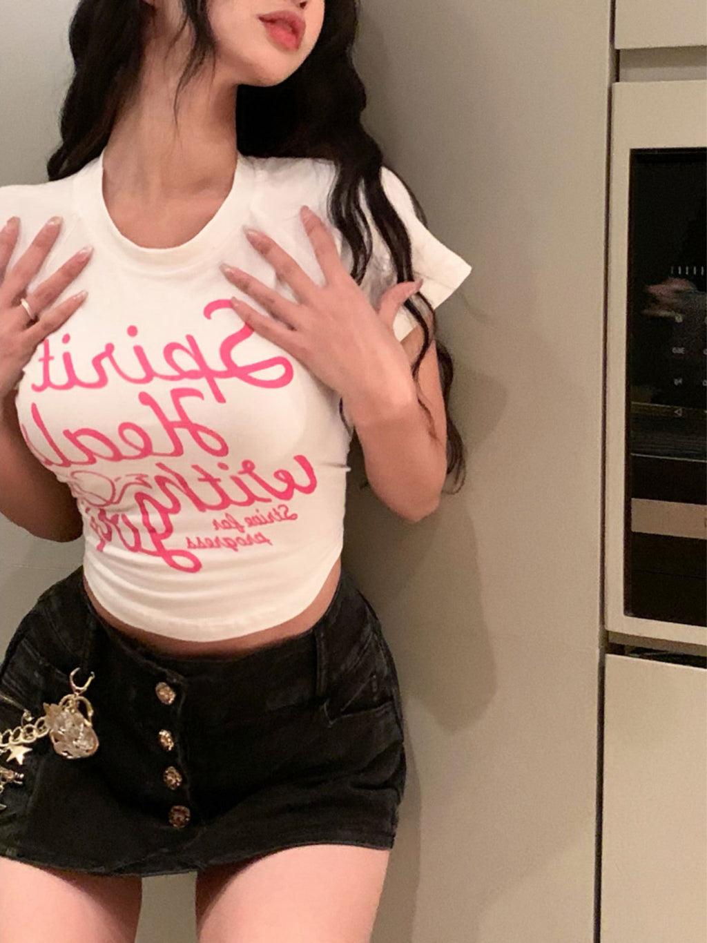 Sweet and spicy printed T-shirt women's ins tide summer white spice girl thin style high waist tight sexy short sleeve short style top