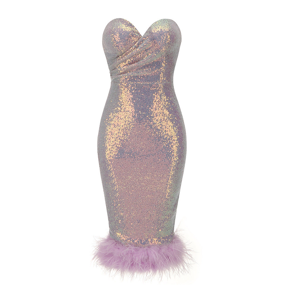 New high luxury beads ostrich hair sexy hip wrap waist wrap dress female minority dress dress