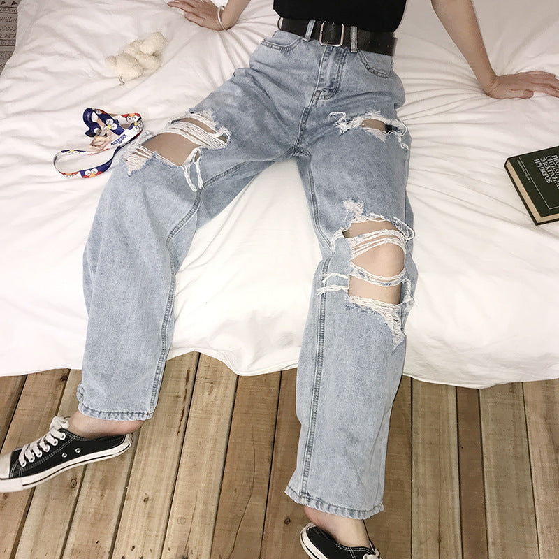New spring/summer 2022 plus-size fat mm high waist ripped jeans for women with a wide leg Hyuna straight pants