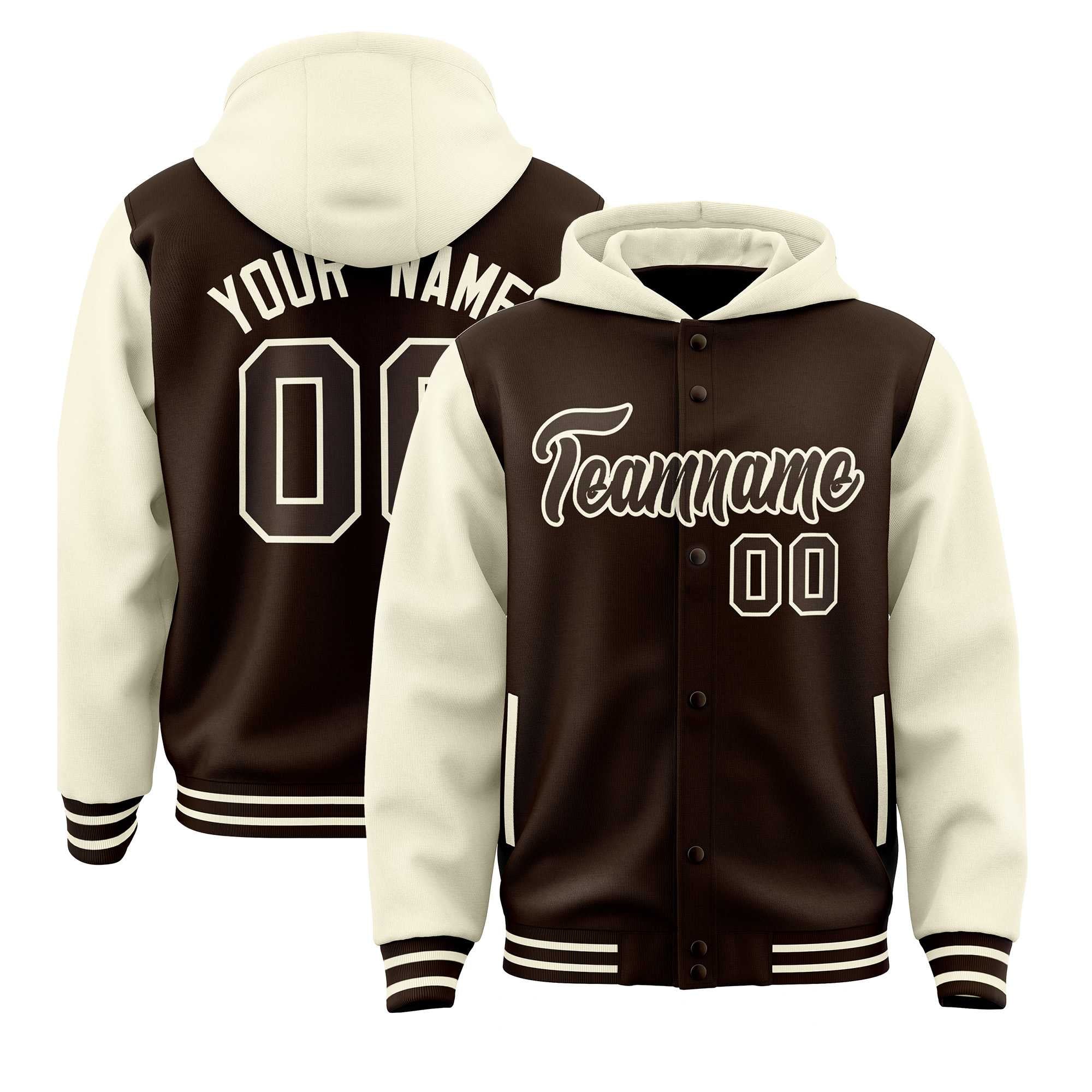 Stay Cozy and Stylish with Our Customizable Brown Cream Varsity Full-Snap Hoodie Jacket