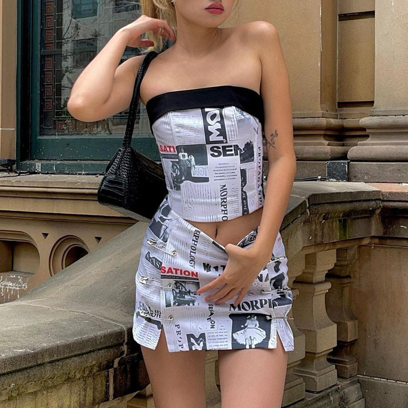 New women's vintage newspaper print strapless waistband pin skirt fashion set Instagram blogger the same summer