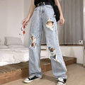 New spring/summer 2022 plus-size fat mm high waist ripped jeans for women with a wide leg Hyuna straight pants