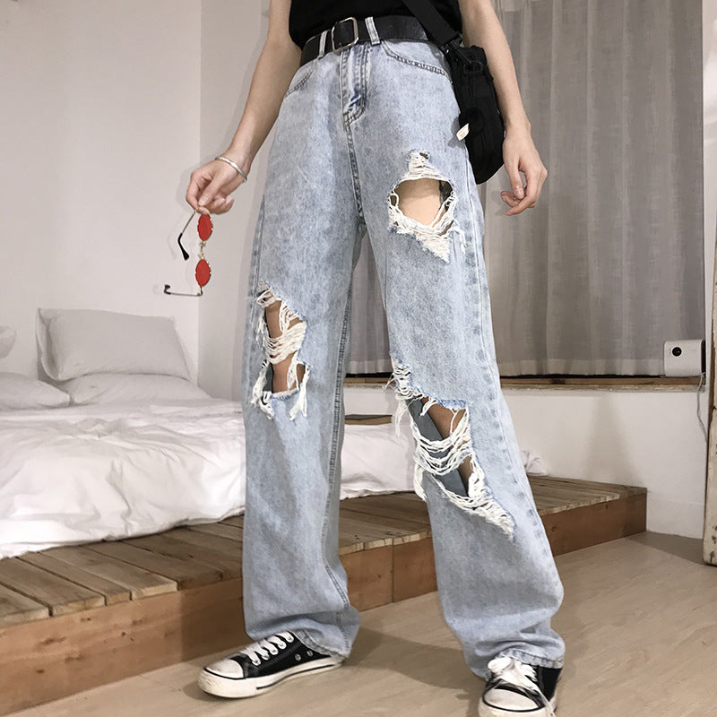 New spring/summer 2022 plus-size fat mm high waist ripped jeans for women with a wide leg Hyuna straight pants