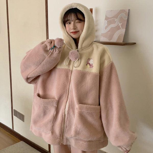 Japanese lamb cashmere coat female 2022 autumn and winter new sweet cute zipper hoodie cross-border hair wholesale