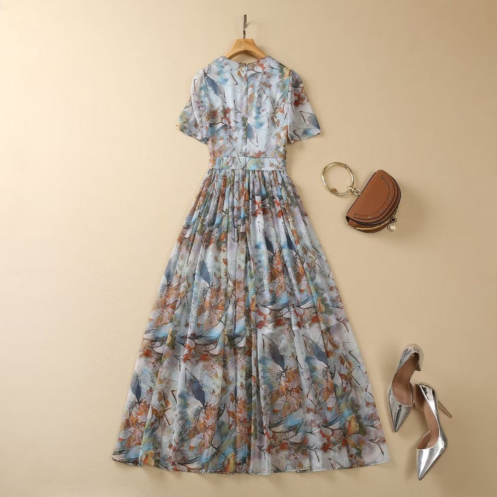 XXL cross-border foreign trade 2023 spring and summer new women's V-neck short sleeve abstract print waist waist long dress