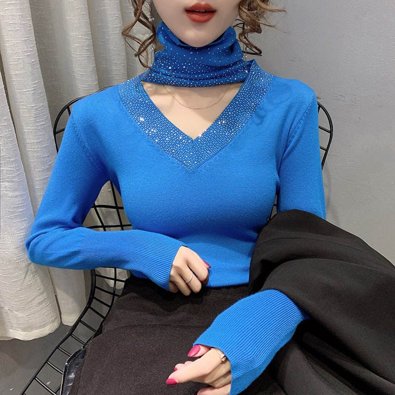 Elegant Cotton Turtleneck Sweater with Rhinestone V-Neck