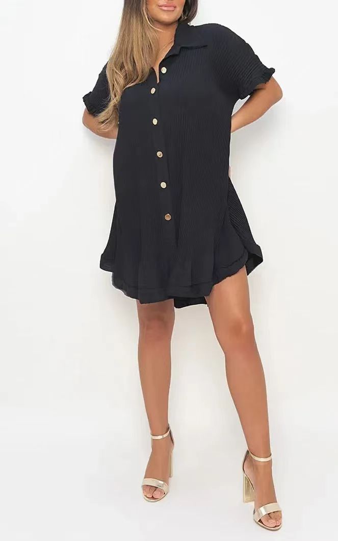 2023 new European style summer solid color shirt dress ruffled sleeves irregular shirt dress