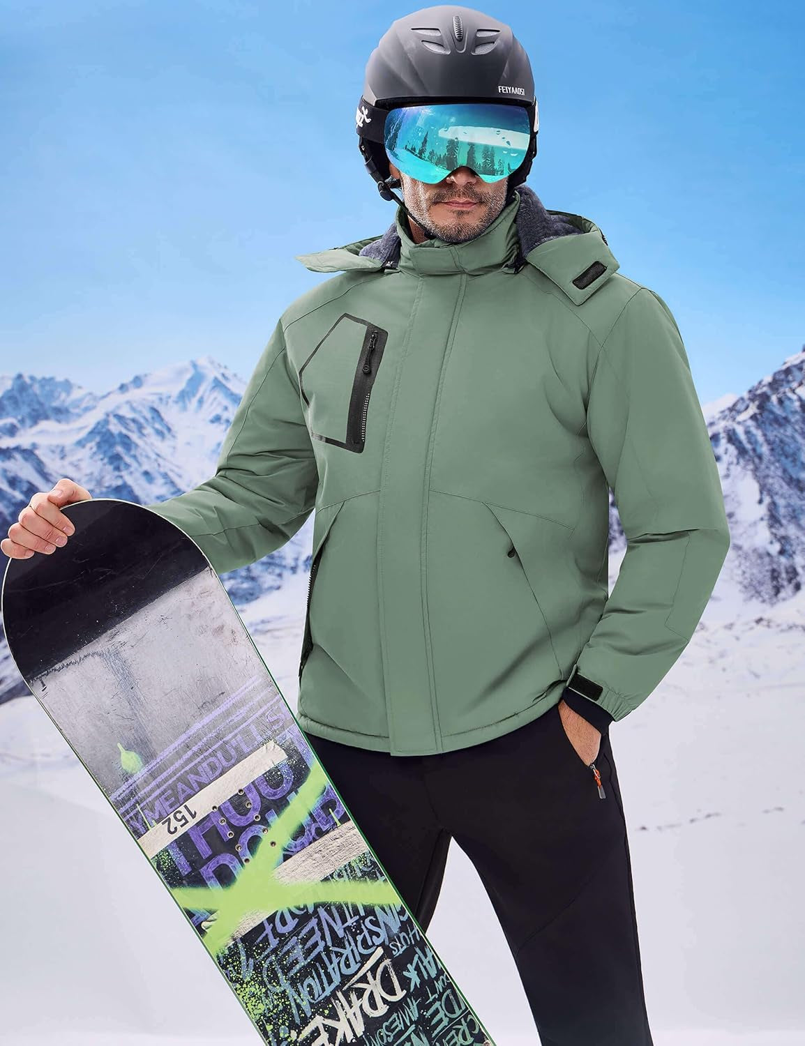 Men's Waterproof Ski Jacket - Insulated Windproof Winter Coat with Fleece Lining and Hood