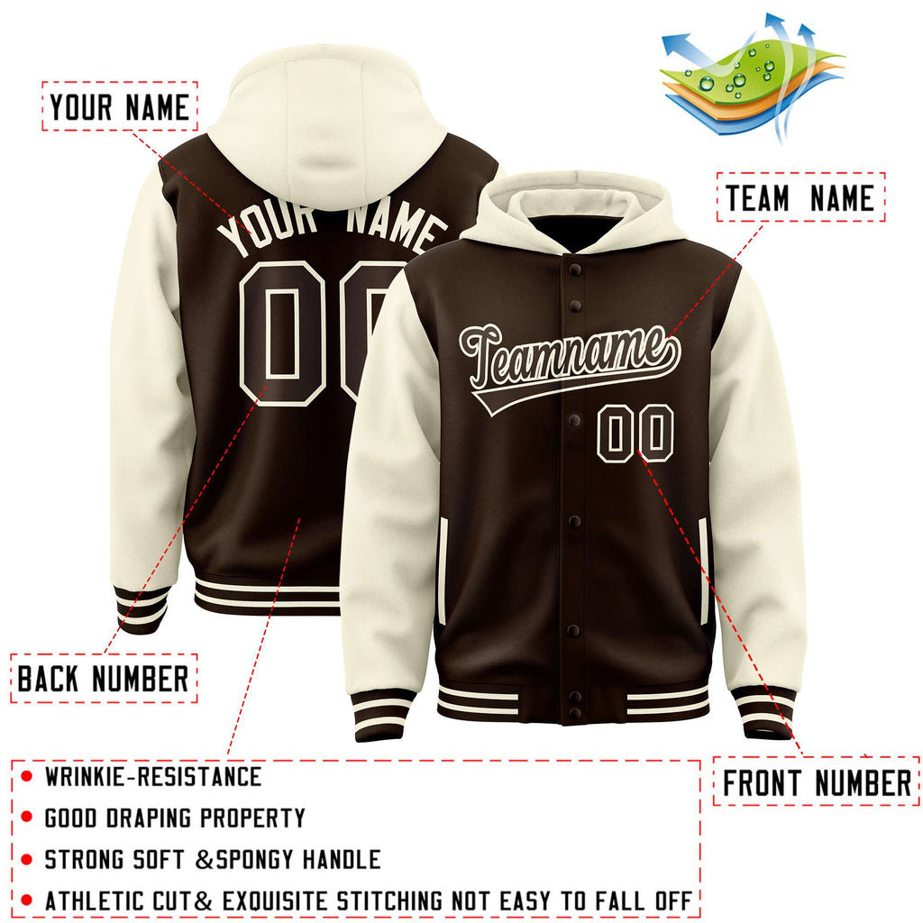 Stay Cozy and Stylish with Our Customizable Brown Cream Varsity Full-Snap Hoodie Jacket