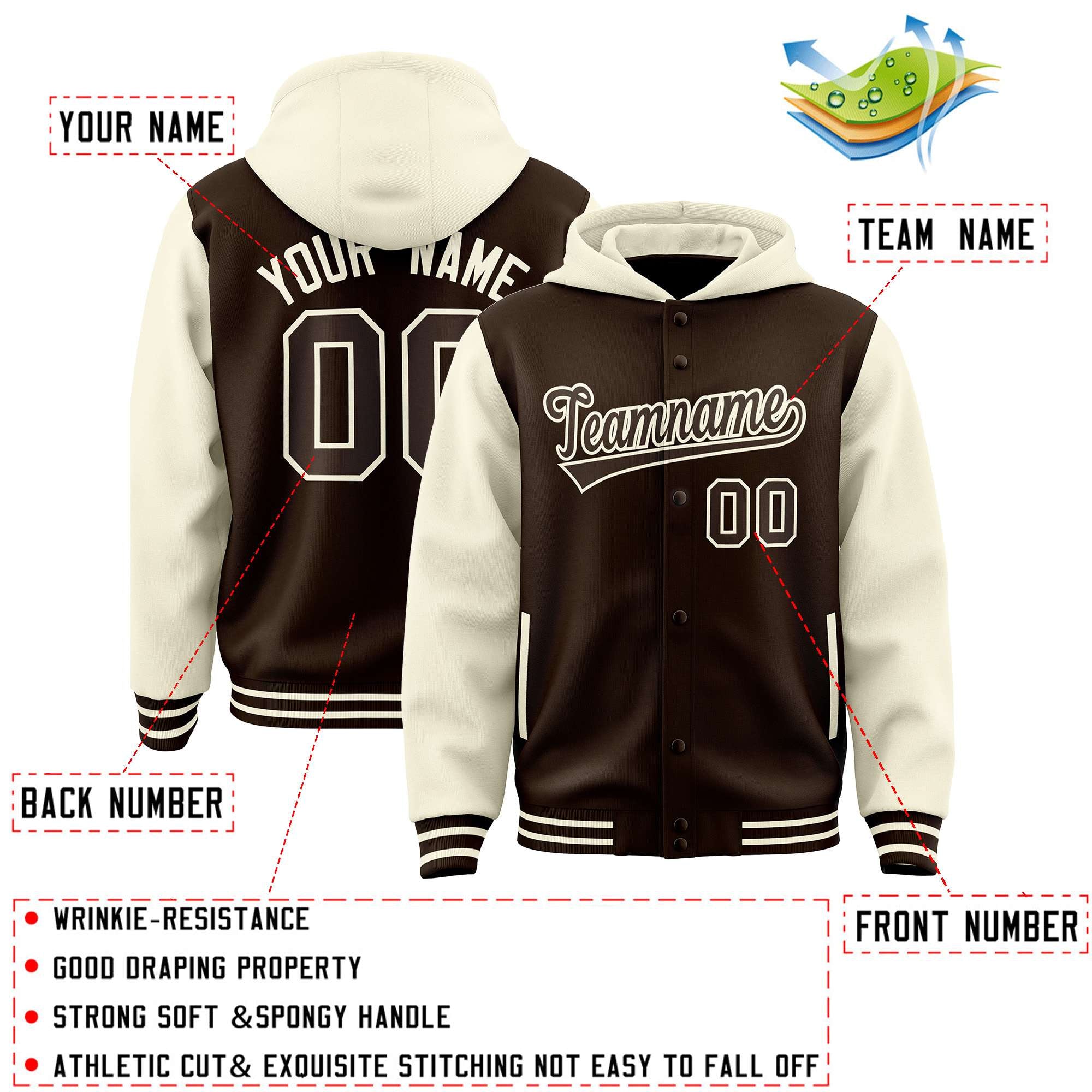 Stay Cozy and Stylish with Our Customizable Brown Cream Varsity Full-Snap Hoodie Jacket