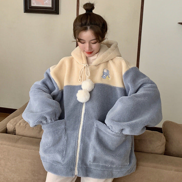Japanese lamb cashmere coat female 2022 autumn and winter new sweet cute zipper hoodie cross-border hair wholesale