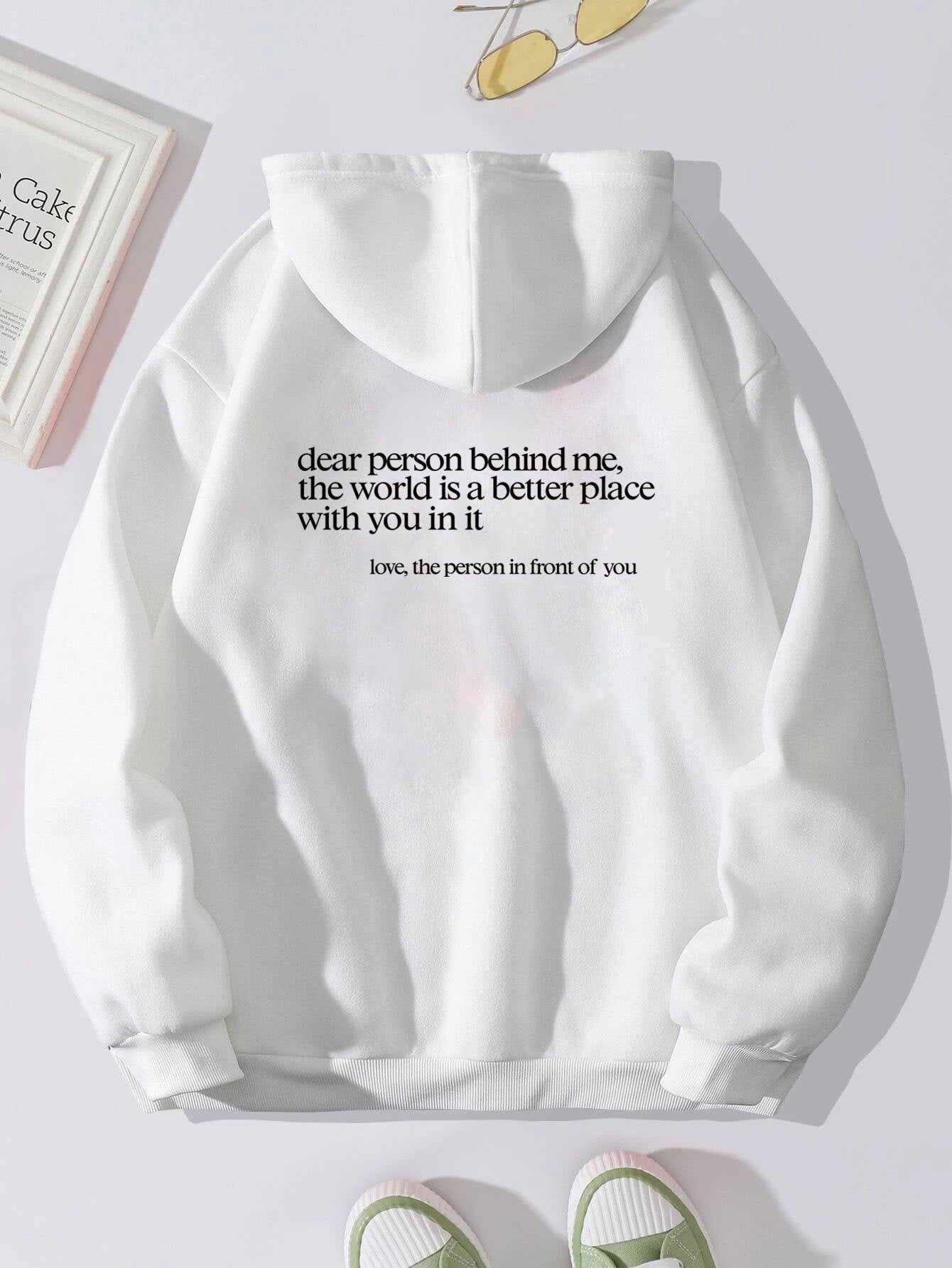 Foreign trade women's cashmere hoodie plain color letter slogan printed kangaroo pocket drawstring printed hoodie
