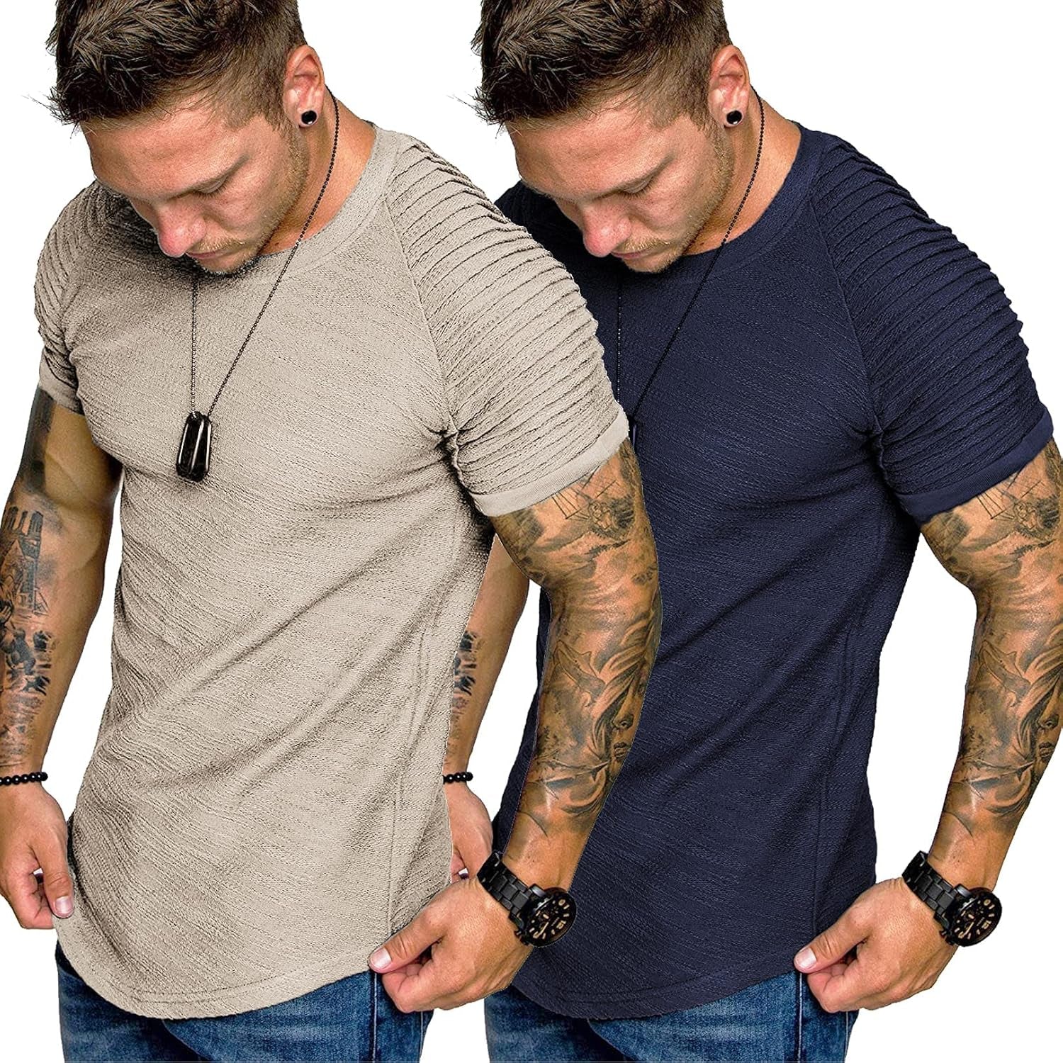 Elevate Your Workout with Our Mens 2-Pack Fitted T-Shirts - Stylish Pleats Sleeve Muscle Gym Tees